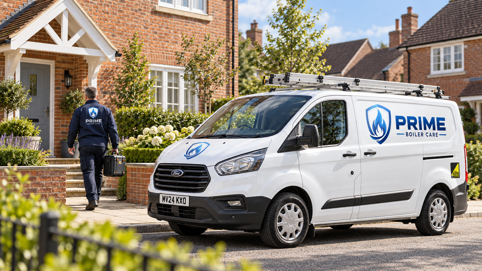 Prime Boiler Care white service van at a Sussex home